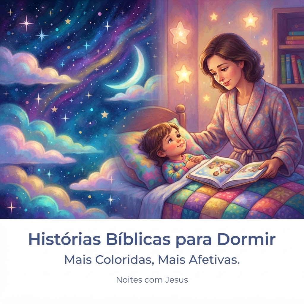 Mãe lendo histórias bíblicas para a filha na hora de dormir, sob um céu estrelado