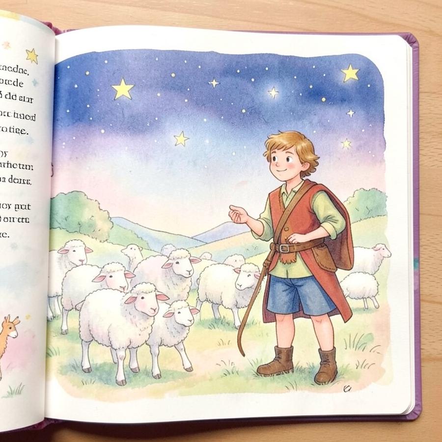 Página ilustrada com o pastorzinho Davi e suas ovelhas sob as estrelas